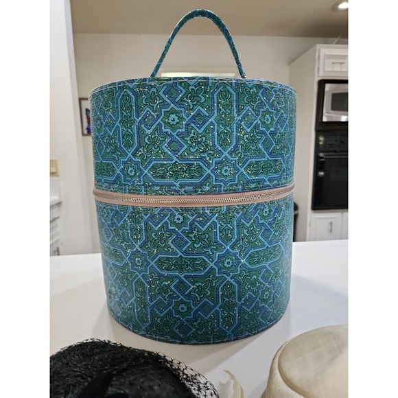 VTG Wig Box Travel Case w Handle Green blue mid century round with zipper main image 9